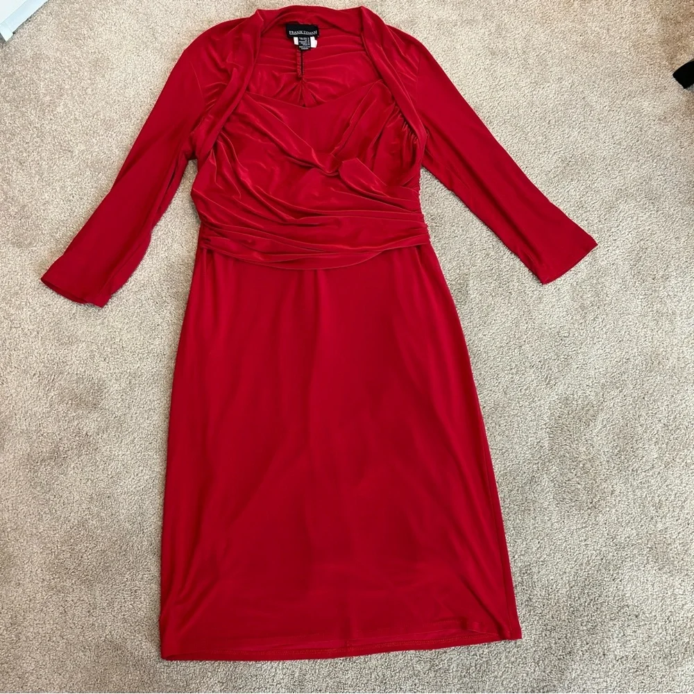 Frank Lyman red CrissCross-Front ruched jersey midi Dress Sz 14 open back - Picture 4 of 12